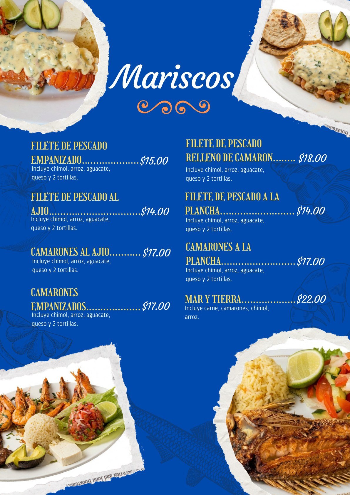 Carta de pescados y camarones de Conchódromo Cristy