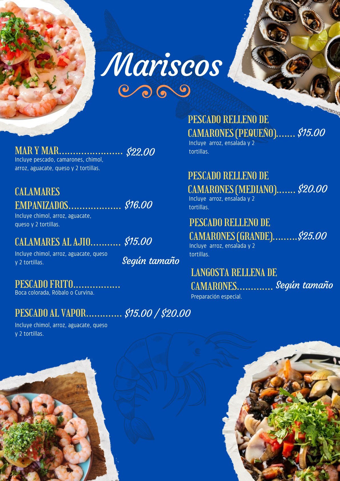 Carta de mariscos y especialidades de Conchódromo Cristy