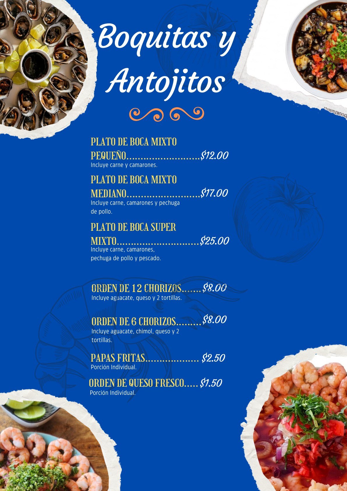 Carta de boquitas y antojitos de Conchódromo Cristy