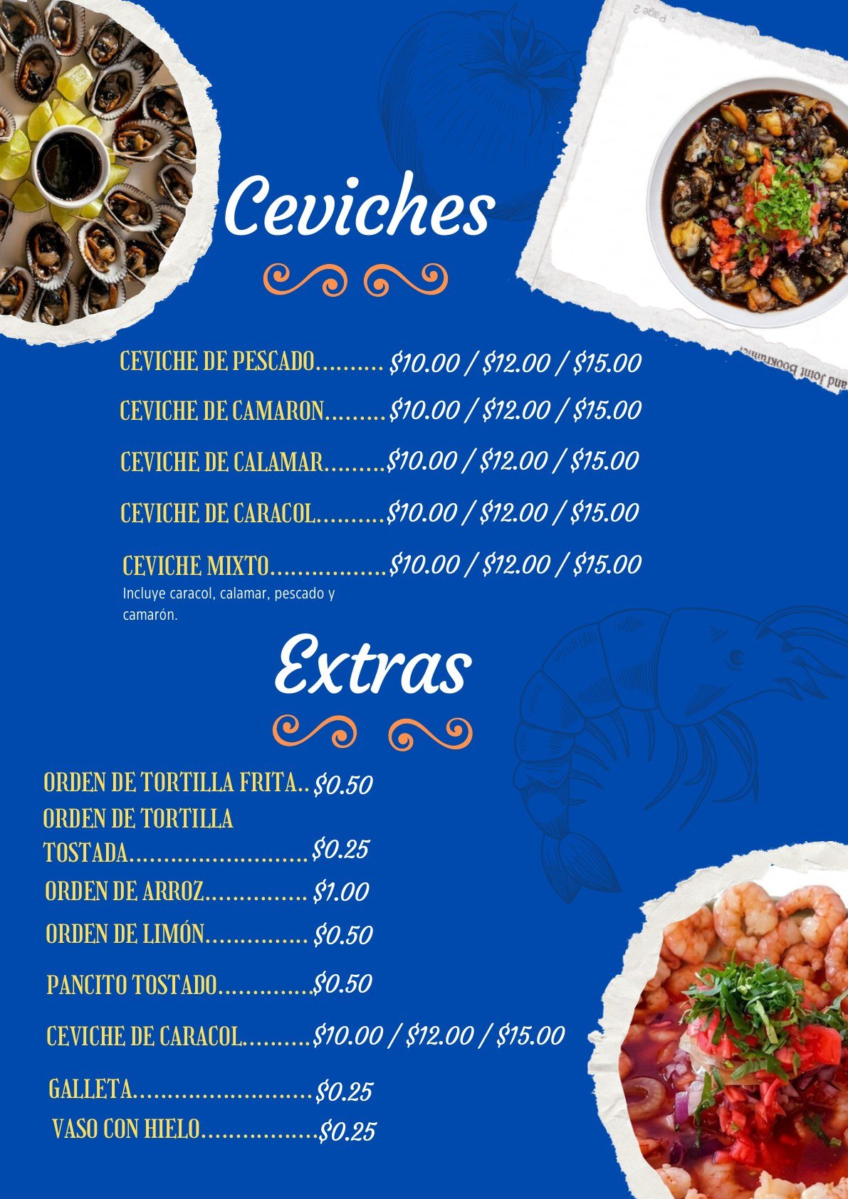 Carta de ceviches y extras de Conchódromo Cristy